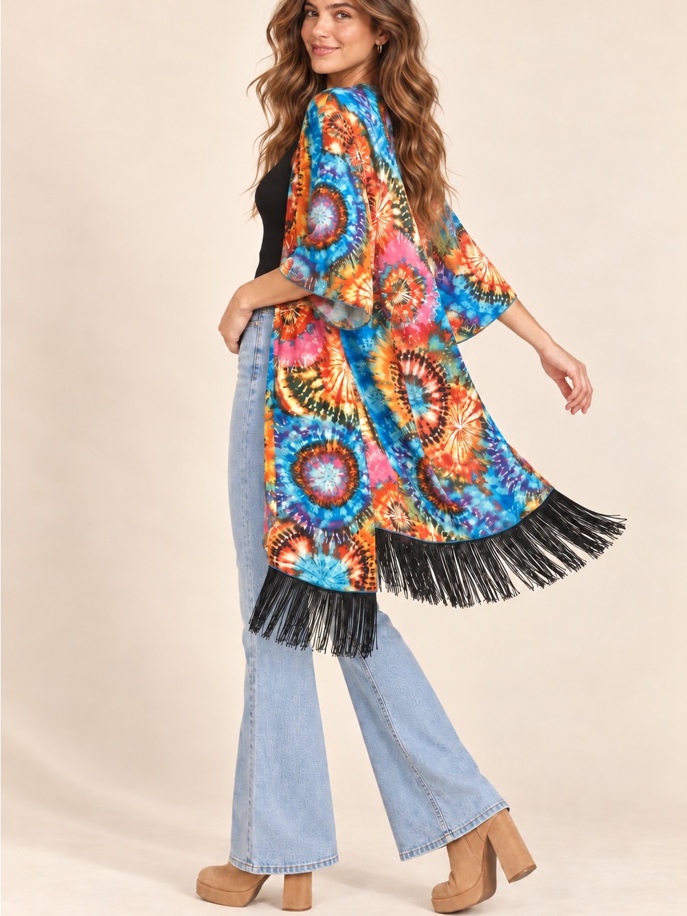 Vintage Rare LuLaRoe Monroe Fringe Kimono – Size Small – Vibrant Boho Print